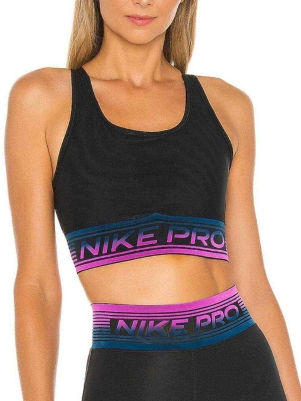 NIKE PRO Intertwist Mesh Detail Racerback Ombre Sports Bra Black/Cerulean S $78